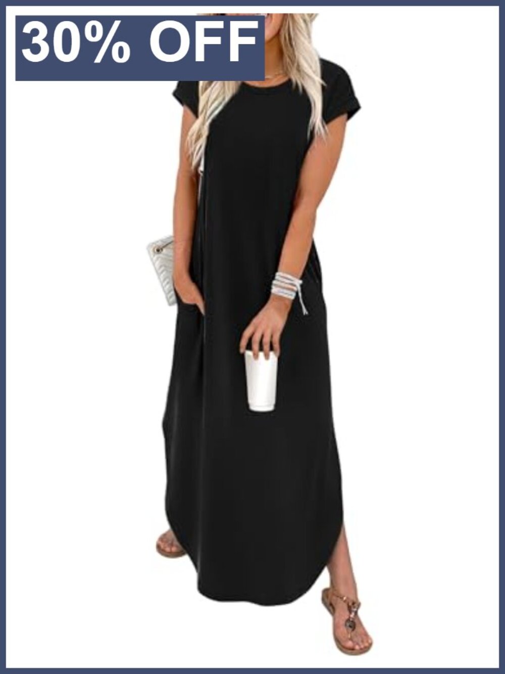 Womens Maxi Dress Cap Sleeve Crewneck Summer Casual with Pockets